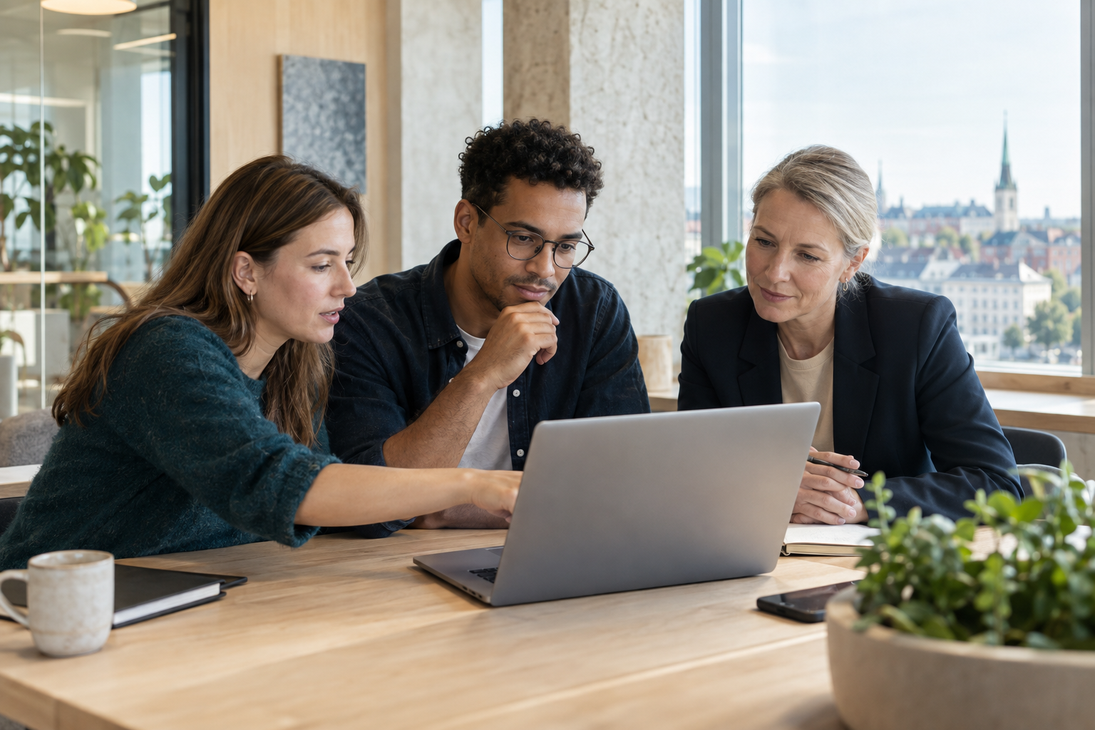 An international digital product team collaborating around a laptop